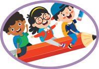 Three joyful children of diverse backgrounds riding a giant pencil, celebrating the fun of learning together.